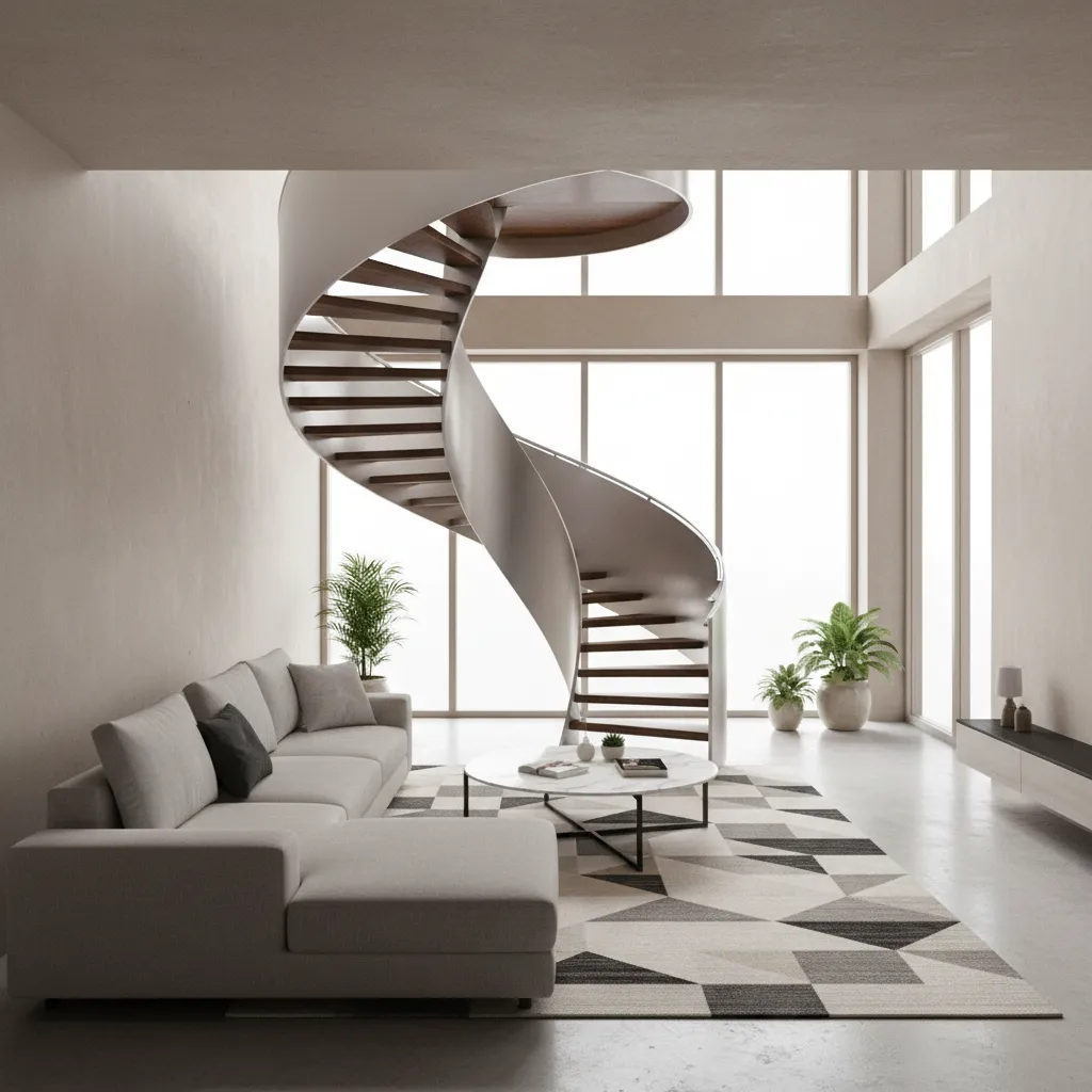 Modern living room featuring a grey sofa geometric rug and a large central white staircase