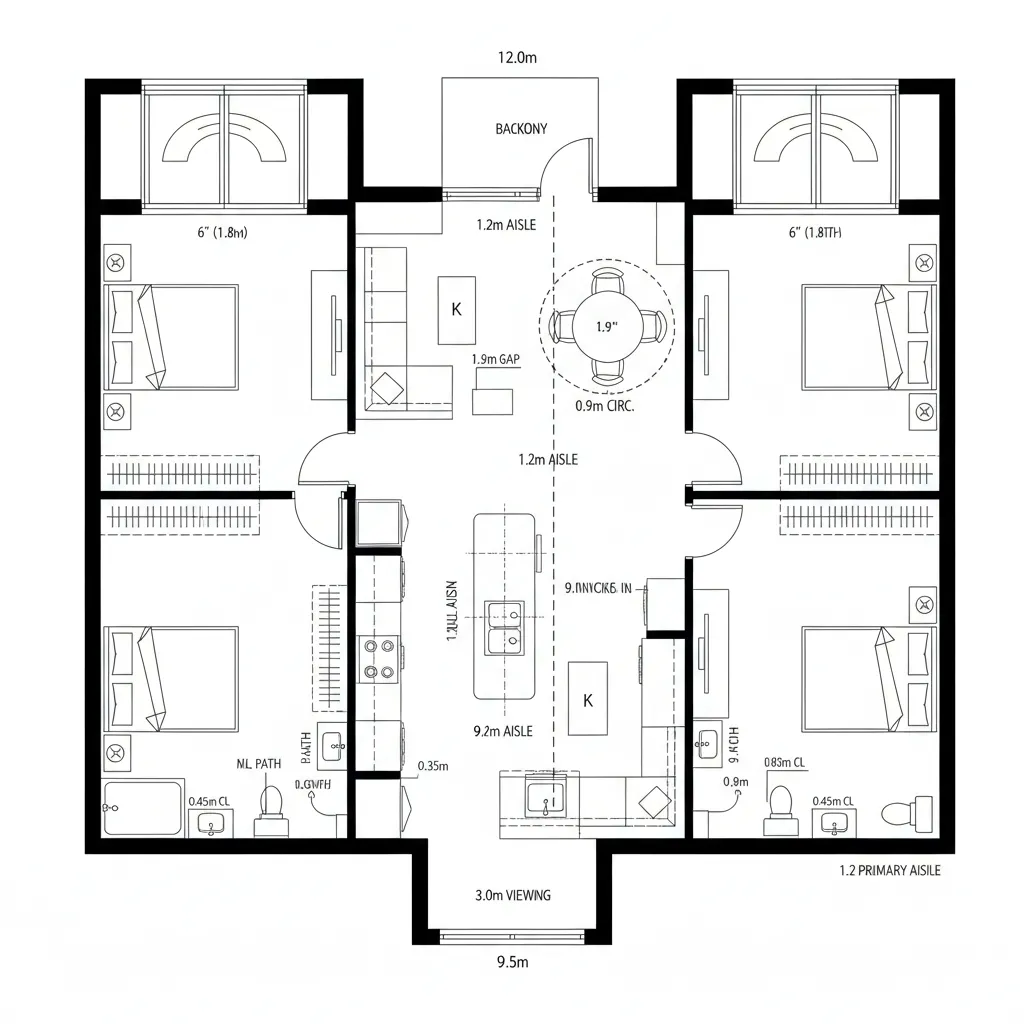 Top-down CAD plan of split two-bedroom with central shared commons and balcony