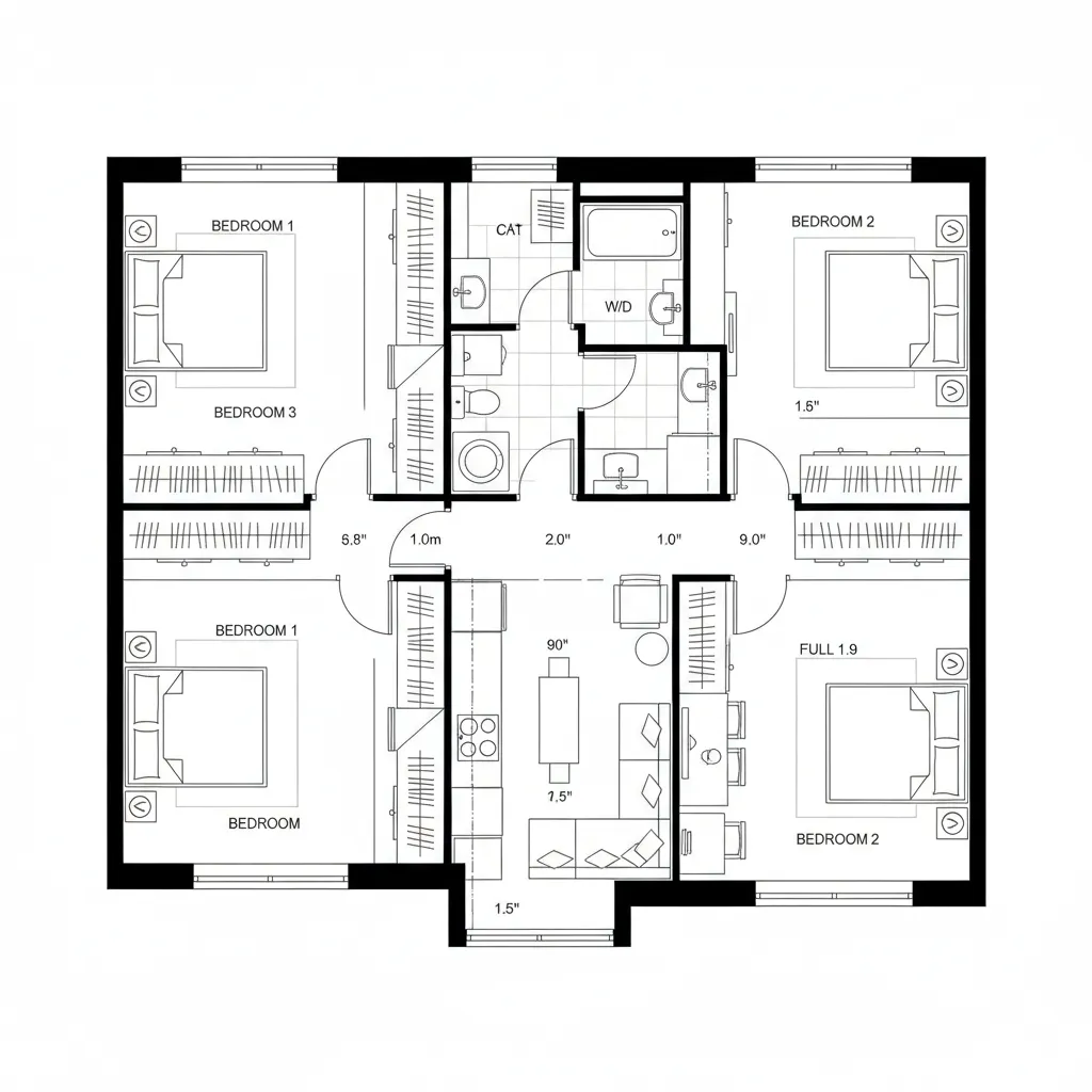 Top down floor plan showing four bedrooms and two bathrooms with central living and kitchen space