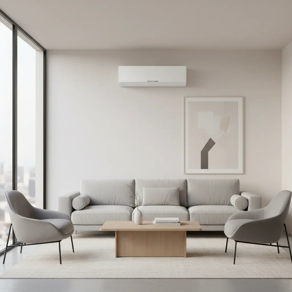 Wall mounted split air conditioner cooling a modern living room