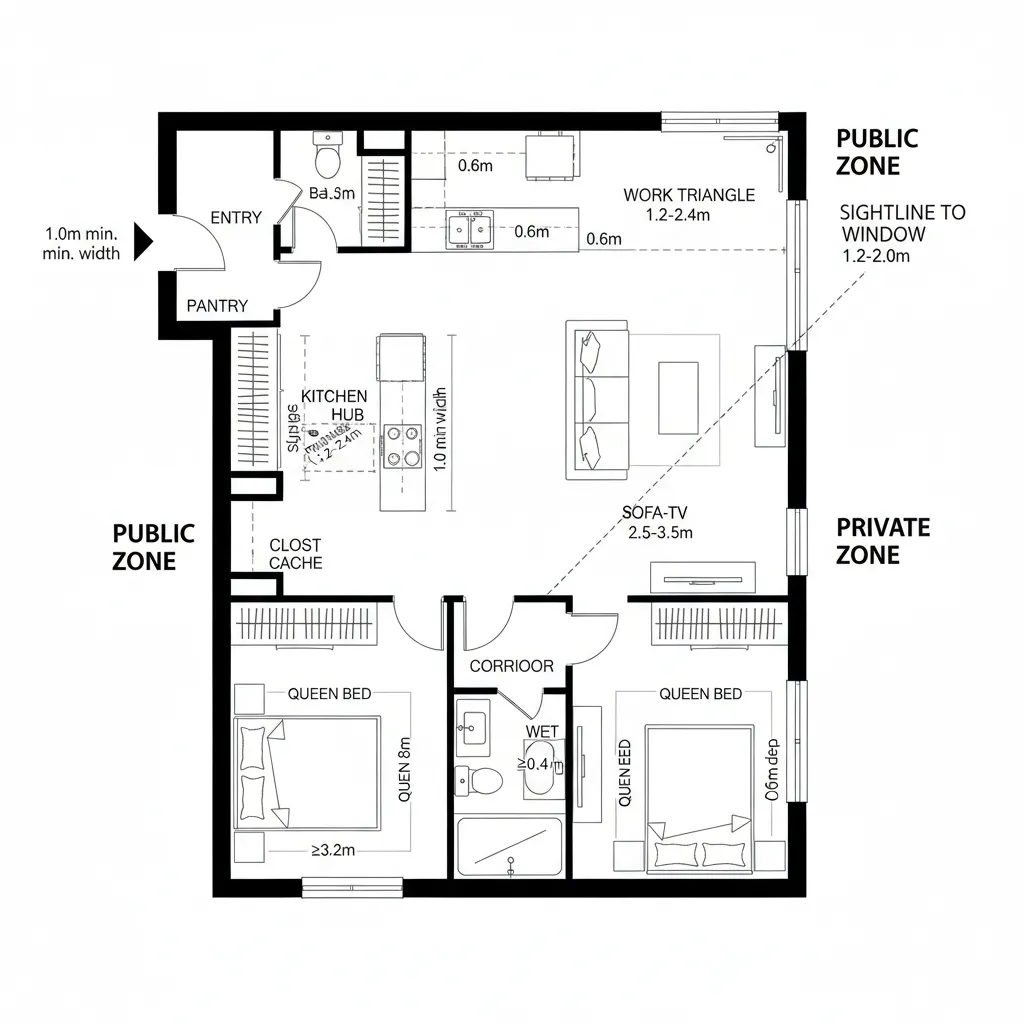 Floor plan design diagram labeling public zone with kitchen and private zone with two bedrooms