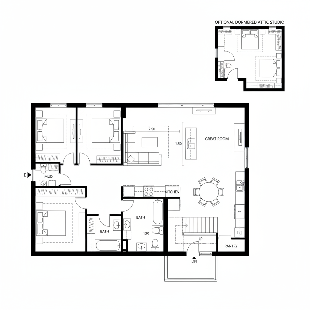 Bungalow Layout with Attic Option — Future-Ready Residential Planning