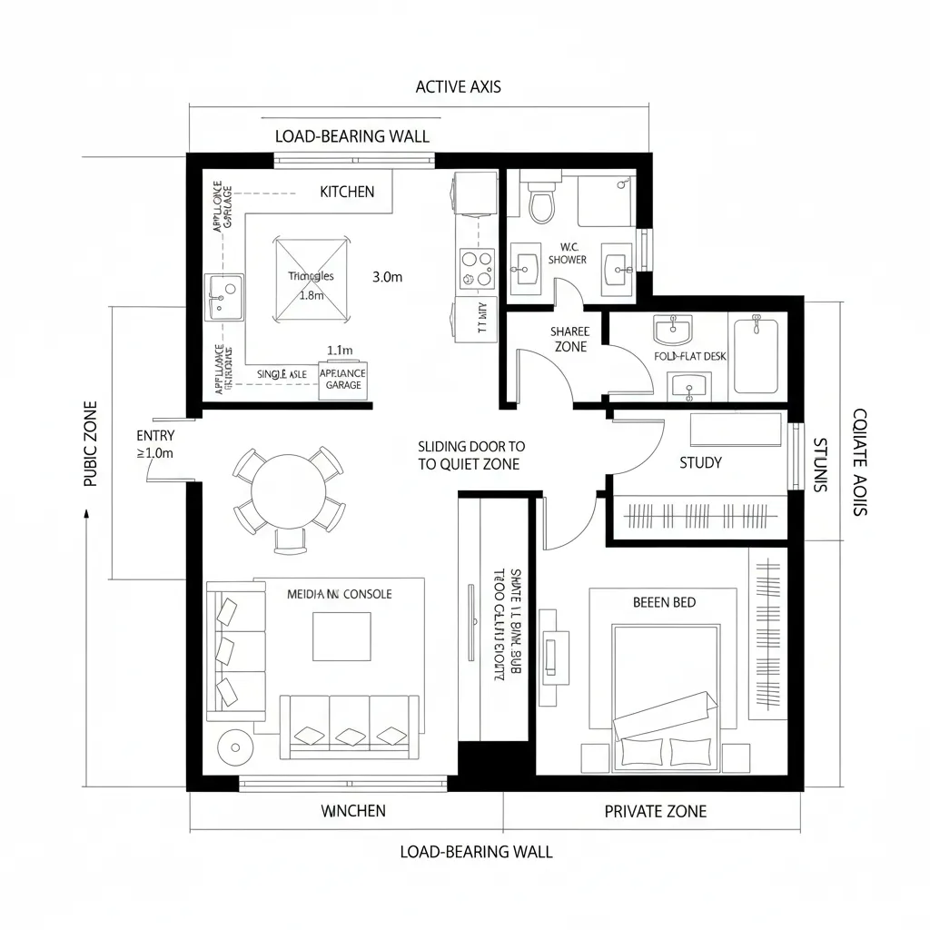 Top-down CAD plan of a 1 BHK with active and quiet perpendicular axes