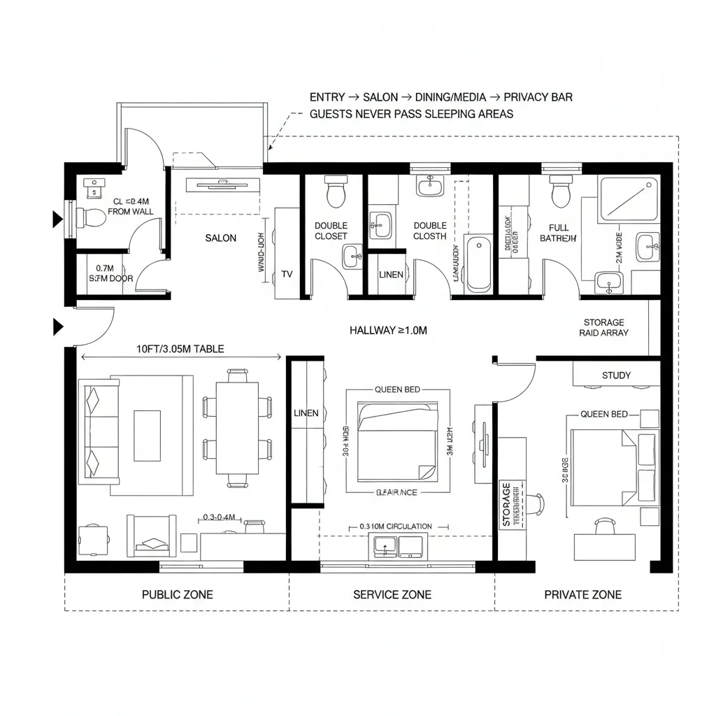 Top-down CAD plan with a central bathroom-closet bar dividing public and private zones