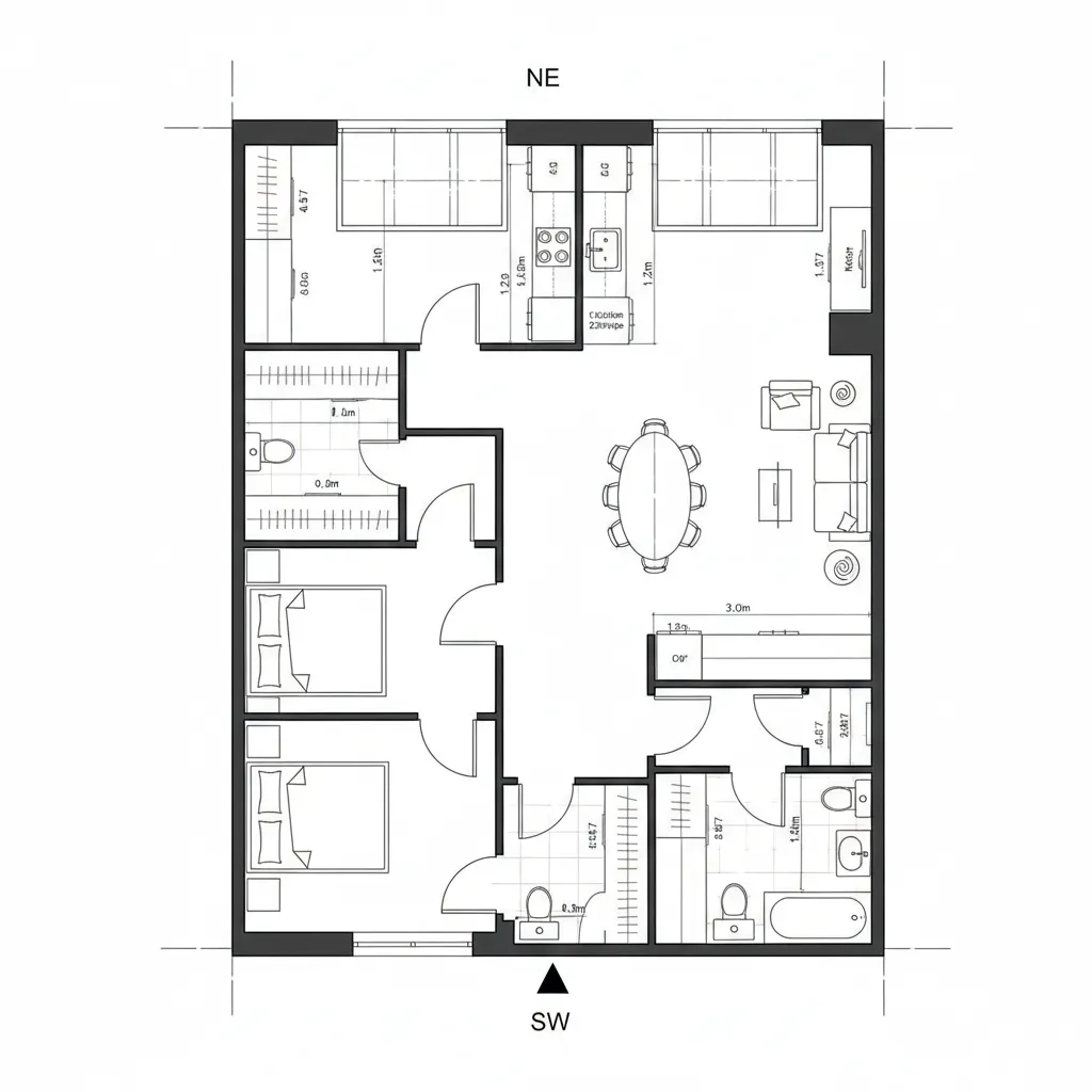 Top-down CAD plan with NE public zone and SW private spine layout