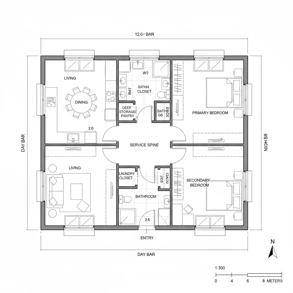 Square house floor plan showing two bedrooms two bathrooms living area dining space and service spine