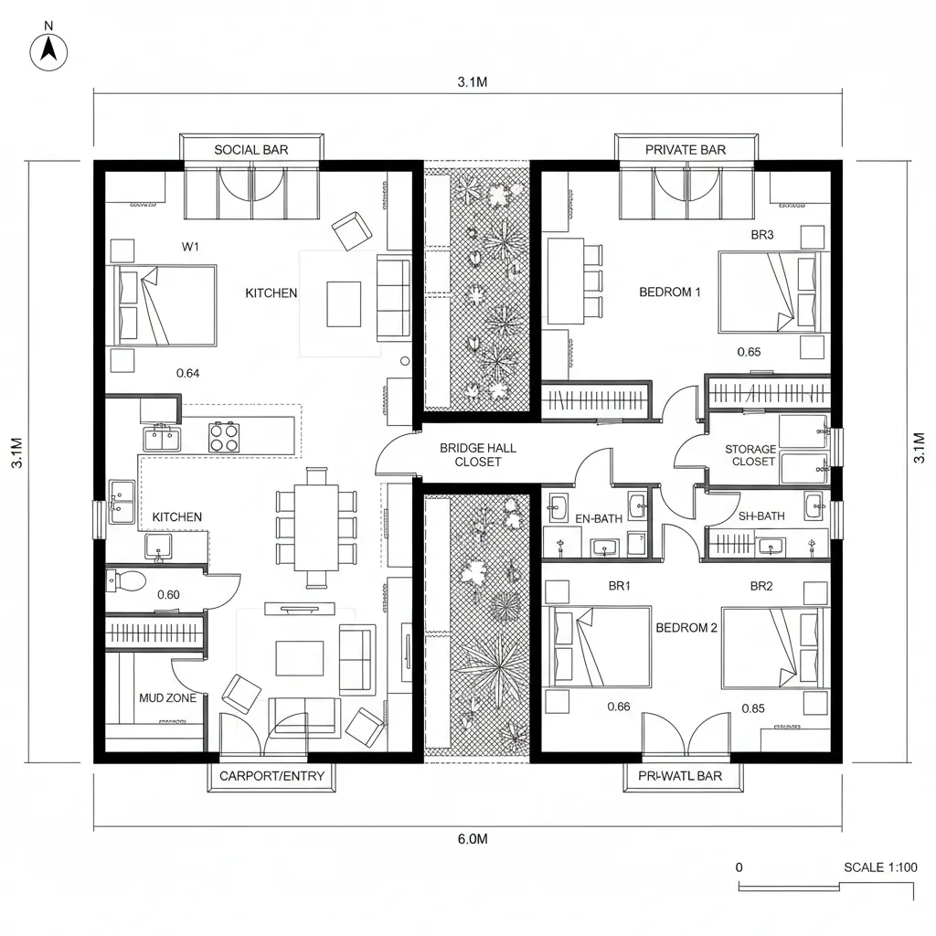 Split-Bar House with Courtyard as Thermal Buffer