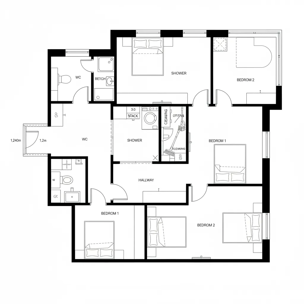 Top-down CAD plan showing split WC and shower with laundry buffer