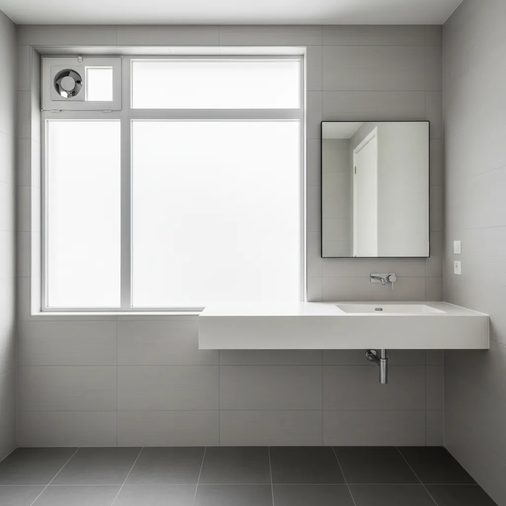 split bathroom window design with built in exhaust fan panel