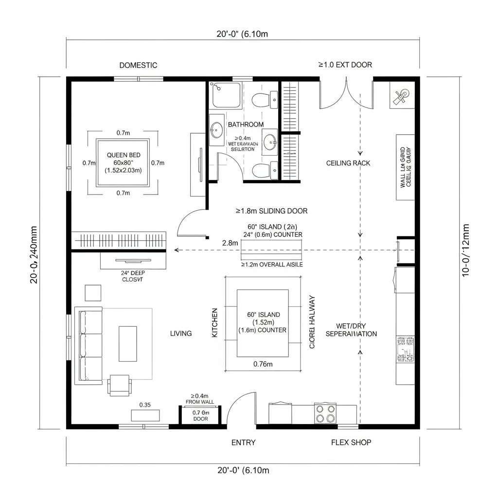 Top-down CAD plan splitting 12' domestic bay and 8' flex shop with sliding divider