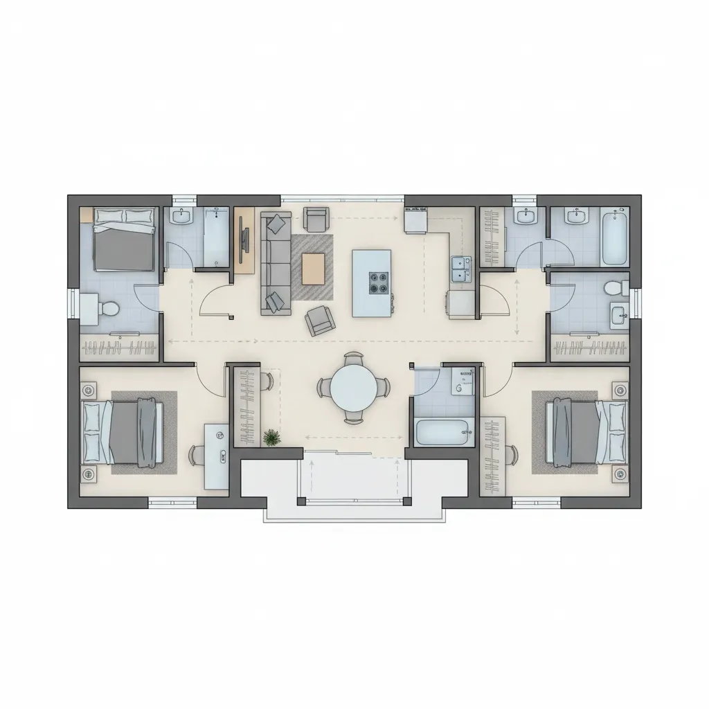 Split bedroom layout example in a 1000 square foot home