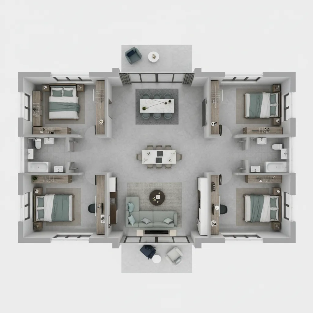 Four bedroom floor plan design with central living area two bathrooms and large kitchen island