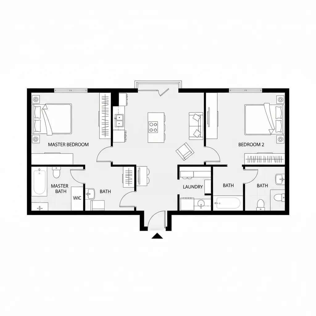 Split bedroom layout diagram for small house floor plan