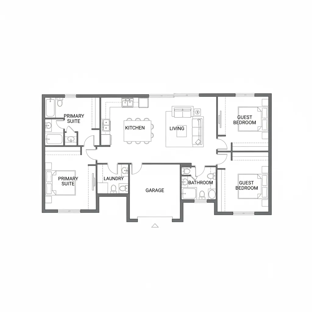 Simple 2D floor plan showing primary suite, kitchen, living room, garage, and two guest bedrooms