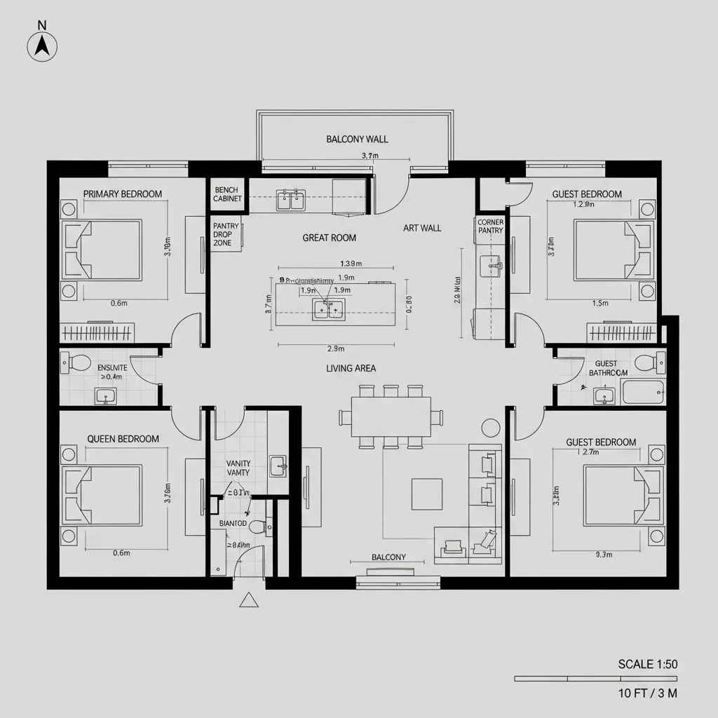 Split Bedroom with Central Great Room