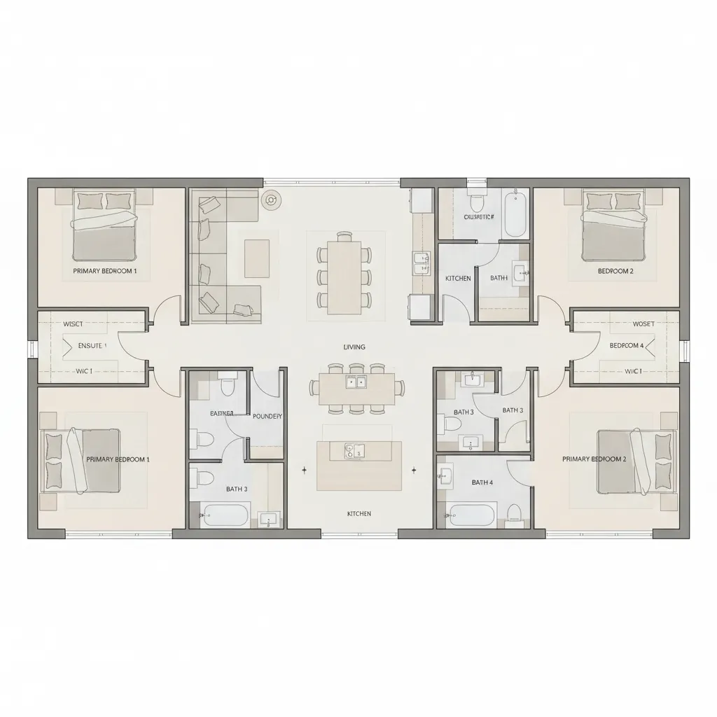 Split bedroom floor plan with master suites on opposite sides of the house