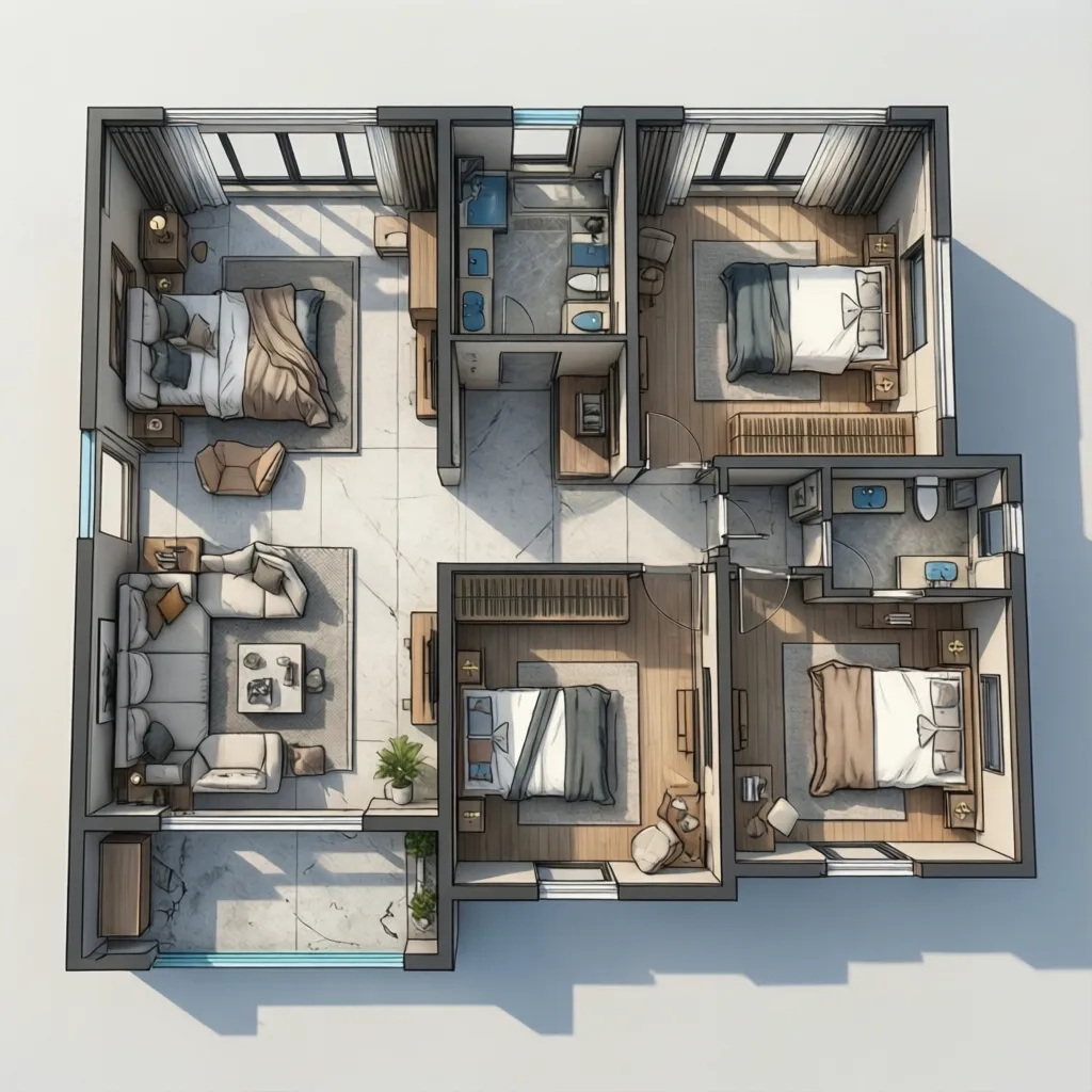 Split bedroom layout separating primary suite from other bedrooms