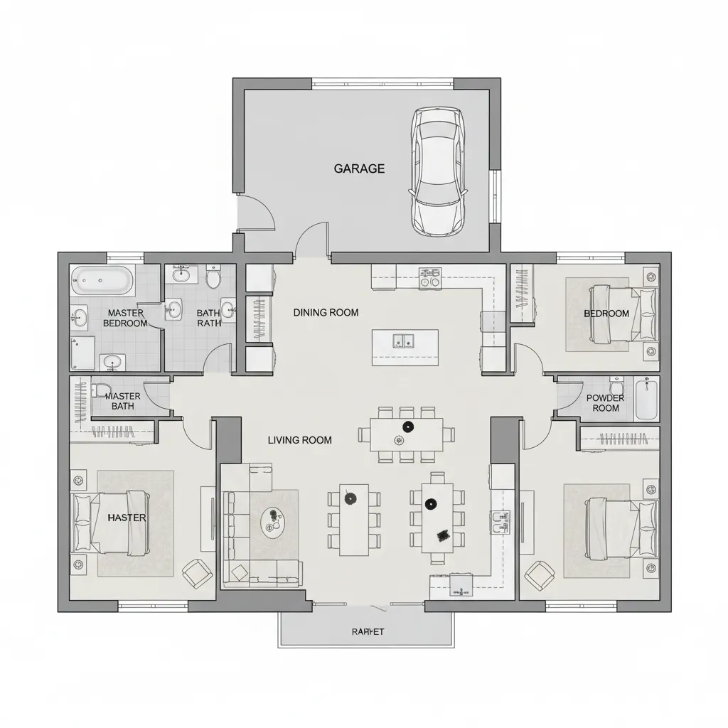 Split bedroom layout in a one story house floor plan diagram