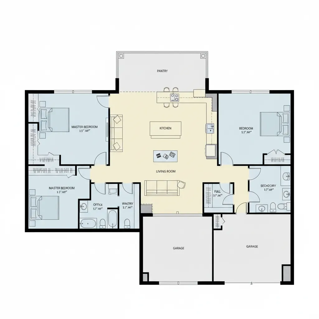 Split bedroom floor plan layout in a single story house