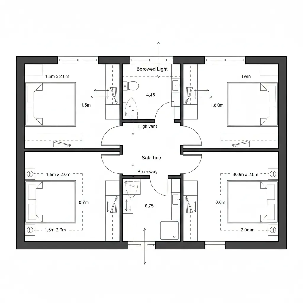Top-down CAD plan of two flanking bedrooms with breezeways and a shared bathroom
