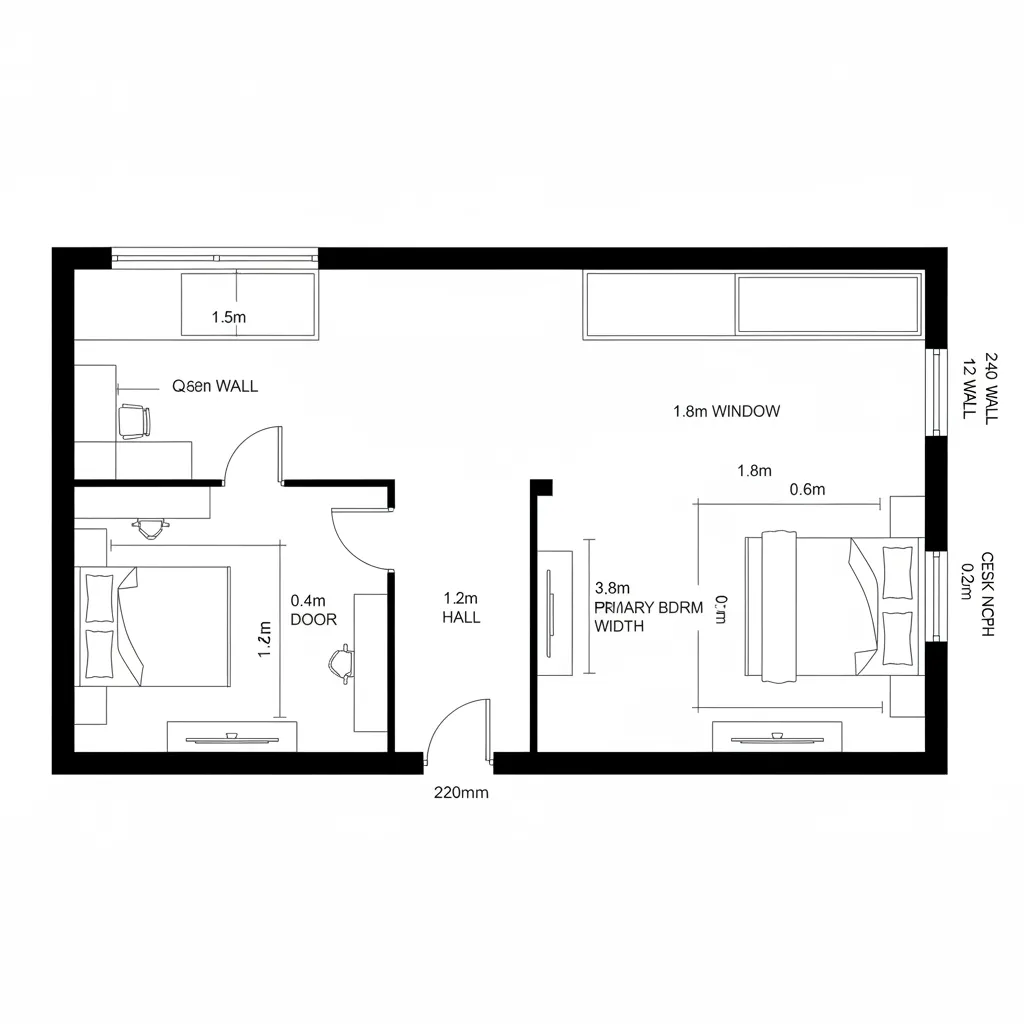 Top-down CAD plan showing two quiet bedrooms off a short hall