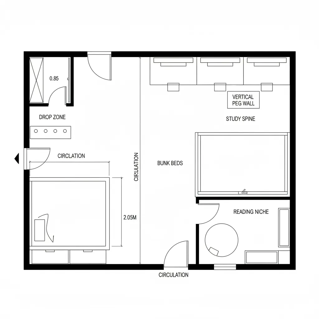 Floor plan layout of a kids bedroom featuring bunk beds study area and a reading niche