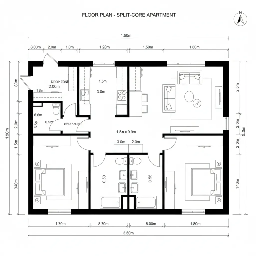 Top-down CAD plan of split-core two-bedroom with central service core and clear spine