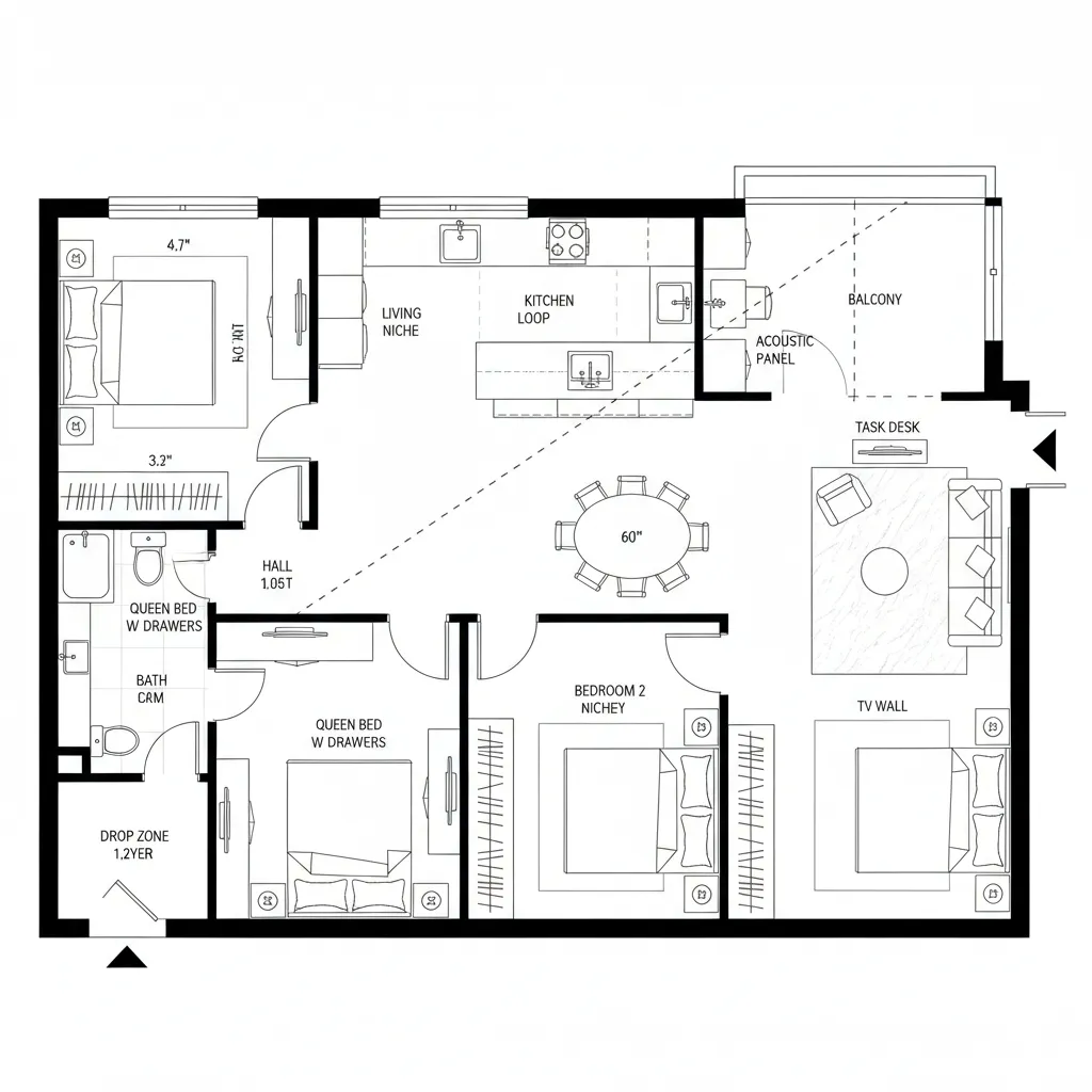 Top-down 2D CAD plan of split-core 2BHK with adaptive studio niche and balcony