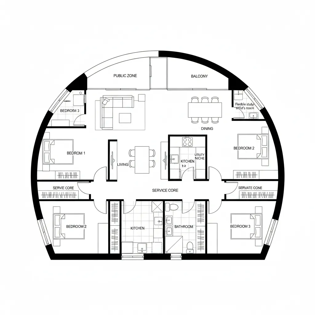 Top-down CAD plan of split-core 3-bedroom loop with public spine and service buffer