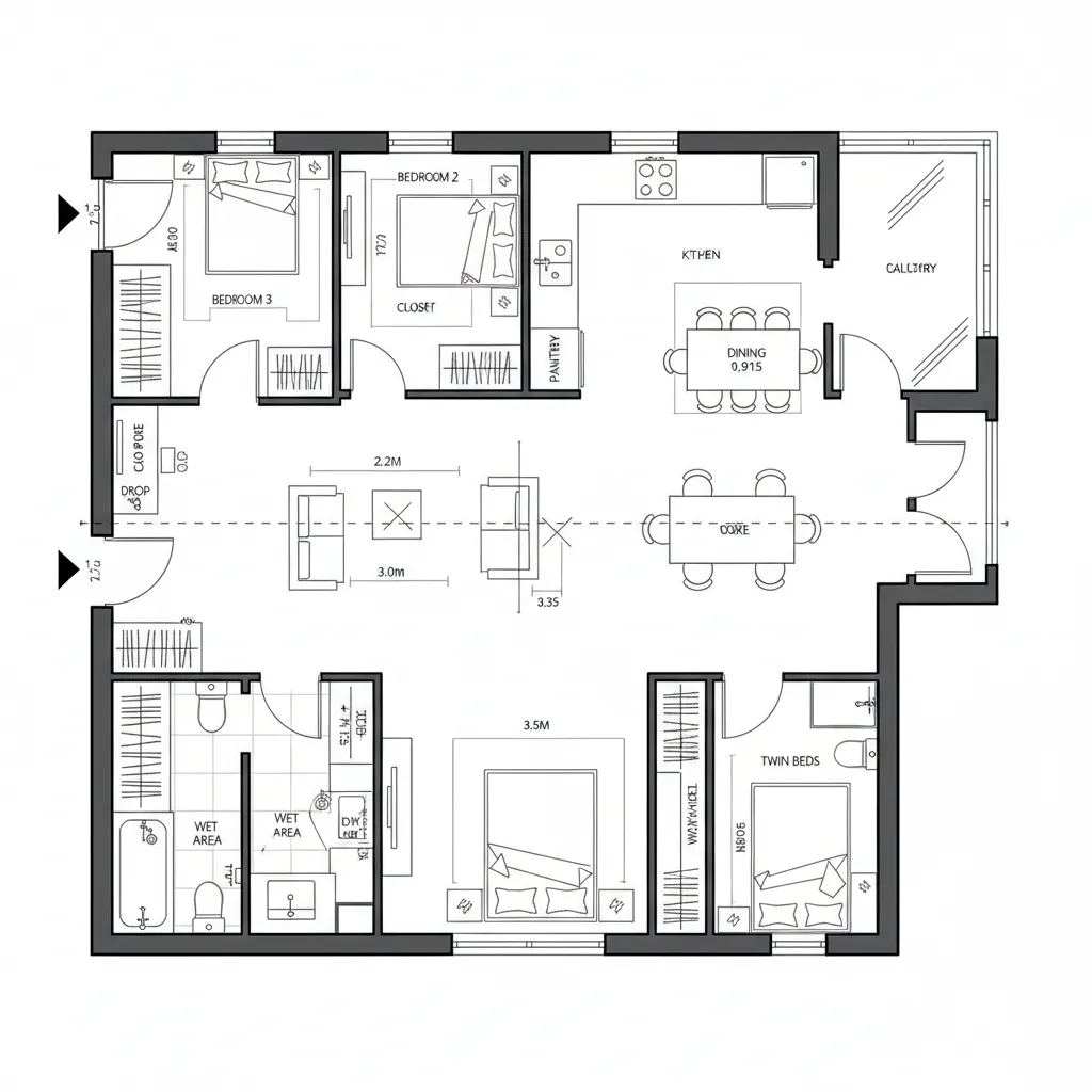 2D CAD floor plan with living-dining spine and separated bedroom clusters