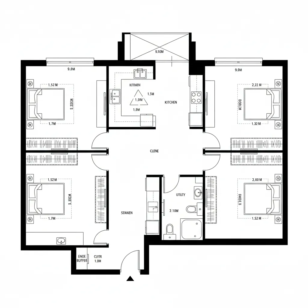 Top-down CAD plan of a split-core 3-bedroom with service spine and balanced circulation
