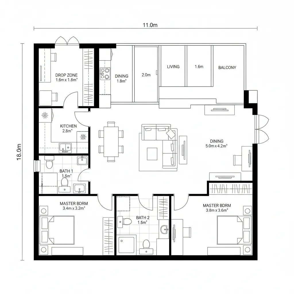 Floor plan drawing with two master bedrooms two bathrooms large dining area kitchen and a balcony