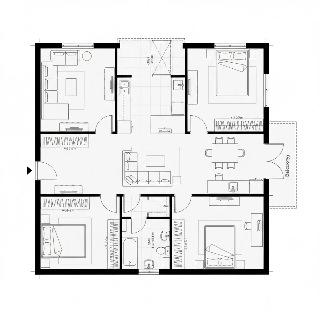 Black and white floor plan showing four bedrooms and a central living room with dining