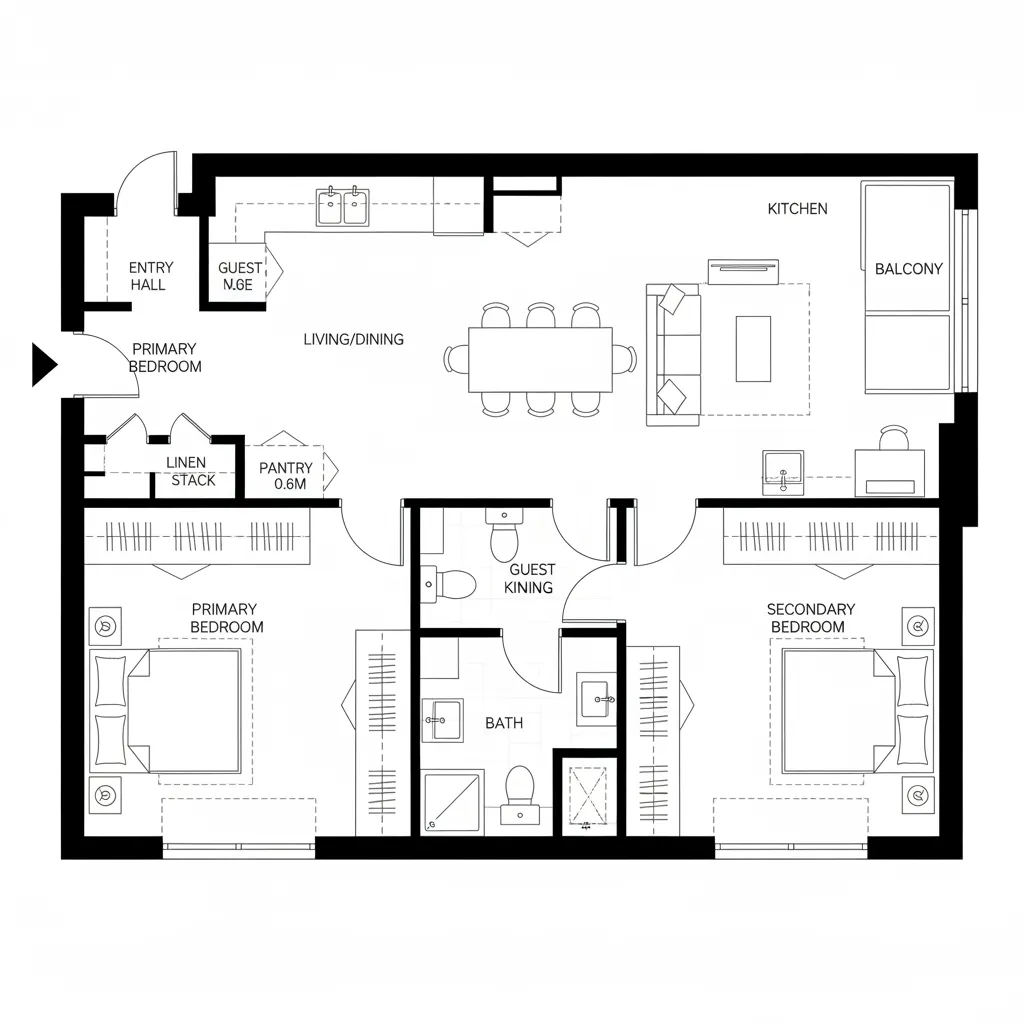 Top-down plan showing split-core living–dining spine with bedrooms at ends
