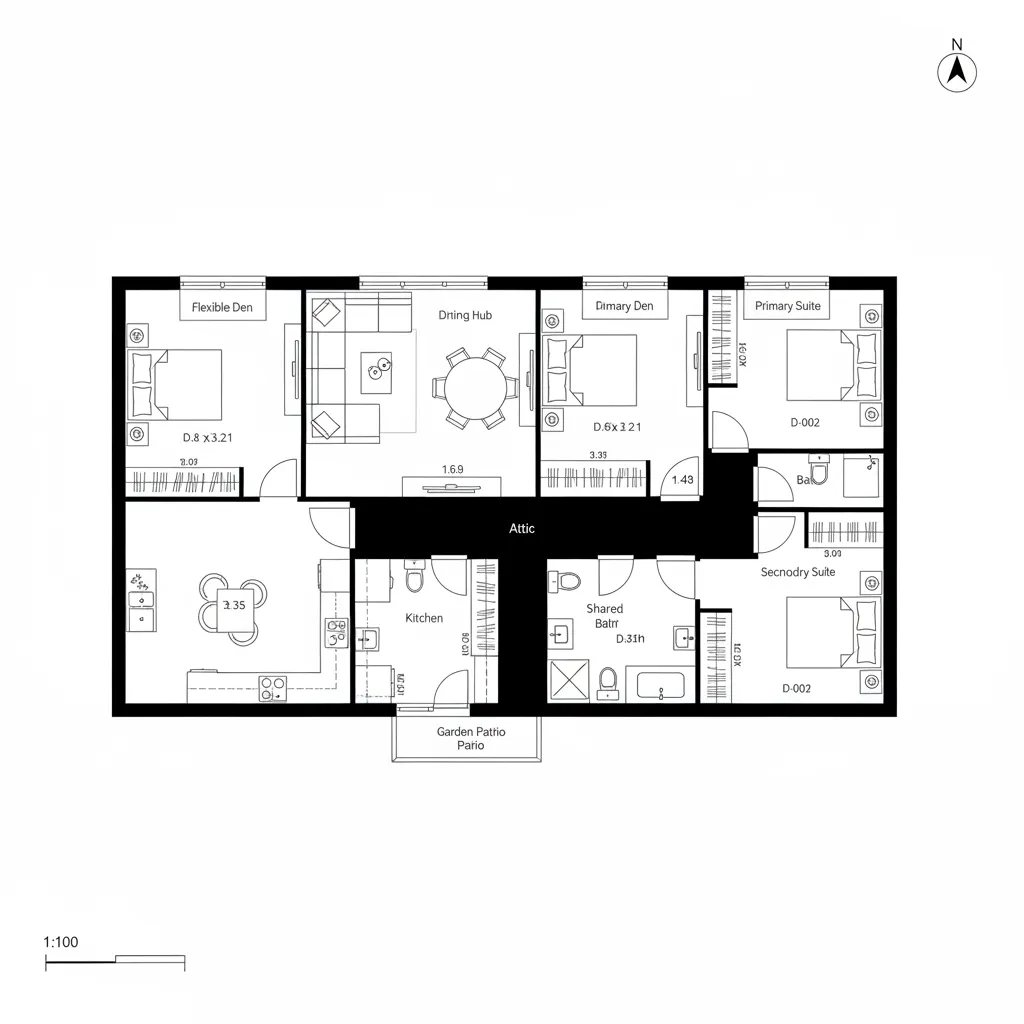 Top-down CAD floor plan of a split-core corridor ranch with central spine and zoned wings