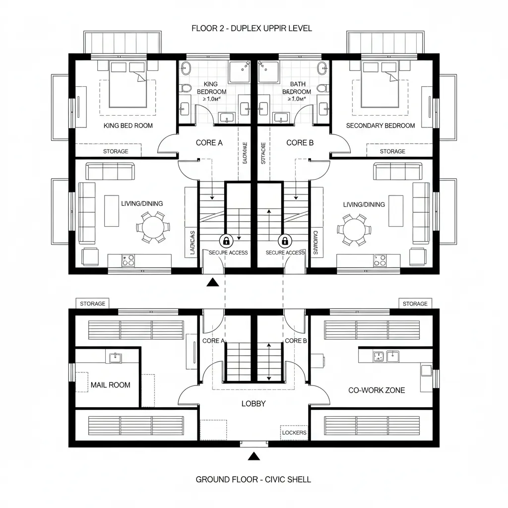 Top-down CAD plan of split cores serving mirrored duplex units over a civic ground floor
