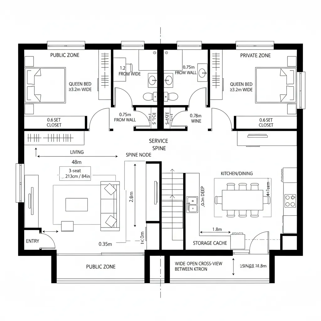 2D CAD top-down floor plan showing a duplex with central spine dividing active and quiet zones