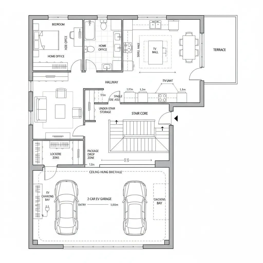 Modern floor plan with a two car garage kitchen terrace and home office plus bedroom