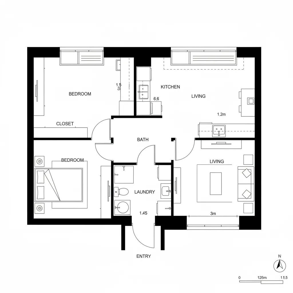 Black and white interior design drawing of a two bedroom apartment with kitchen and living room