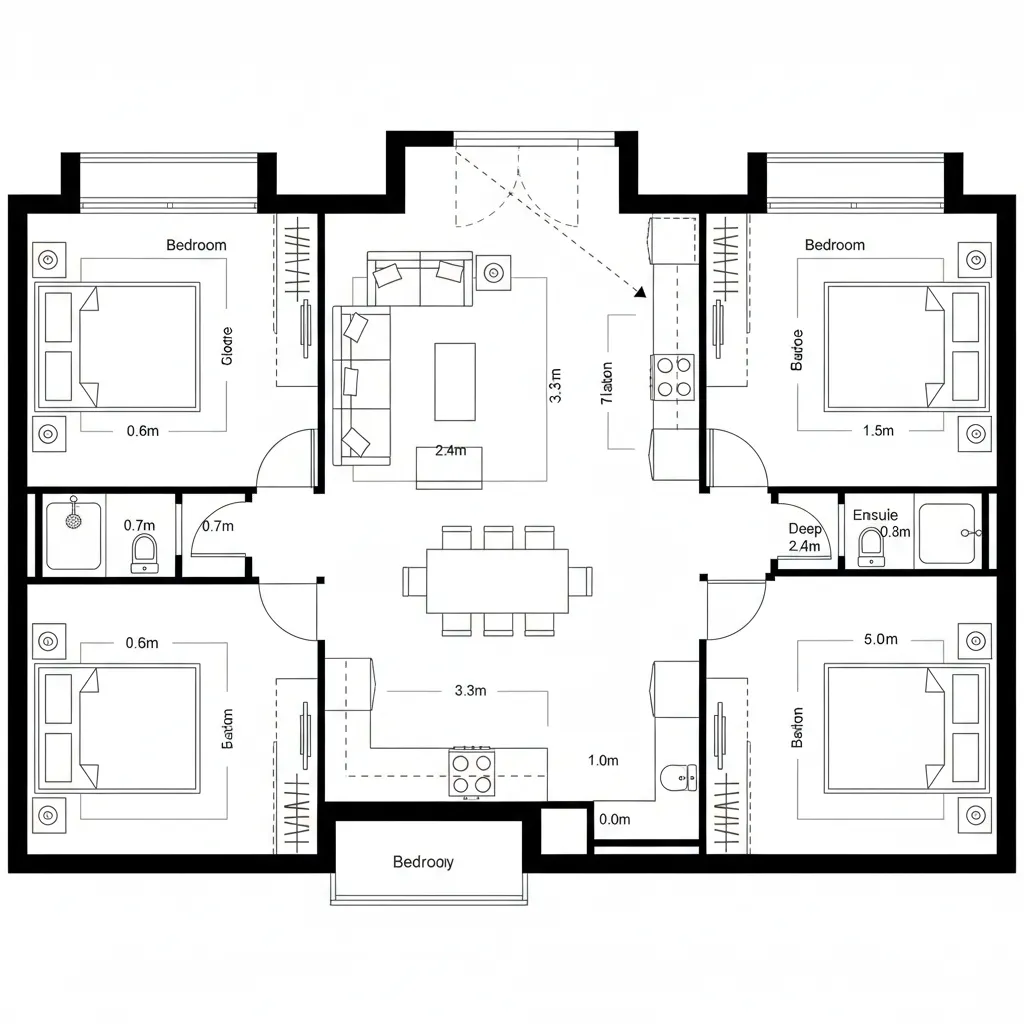 Symmetrical floor plan layout featuring four bedrooms central dining table kitchen and cozy living area