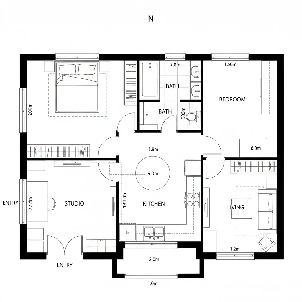 Top-down CAD plan zoning bedroom north and studio south around a kitchen island