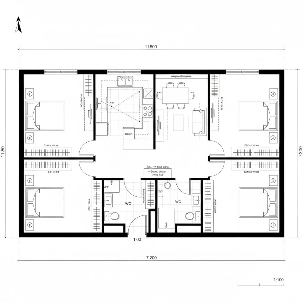 Top-down CAD plan of split-core suite with central commons and two bedrooms at opposite ends