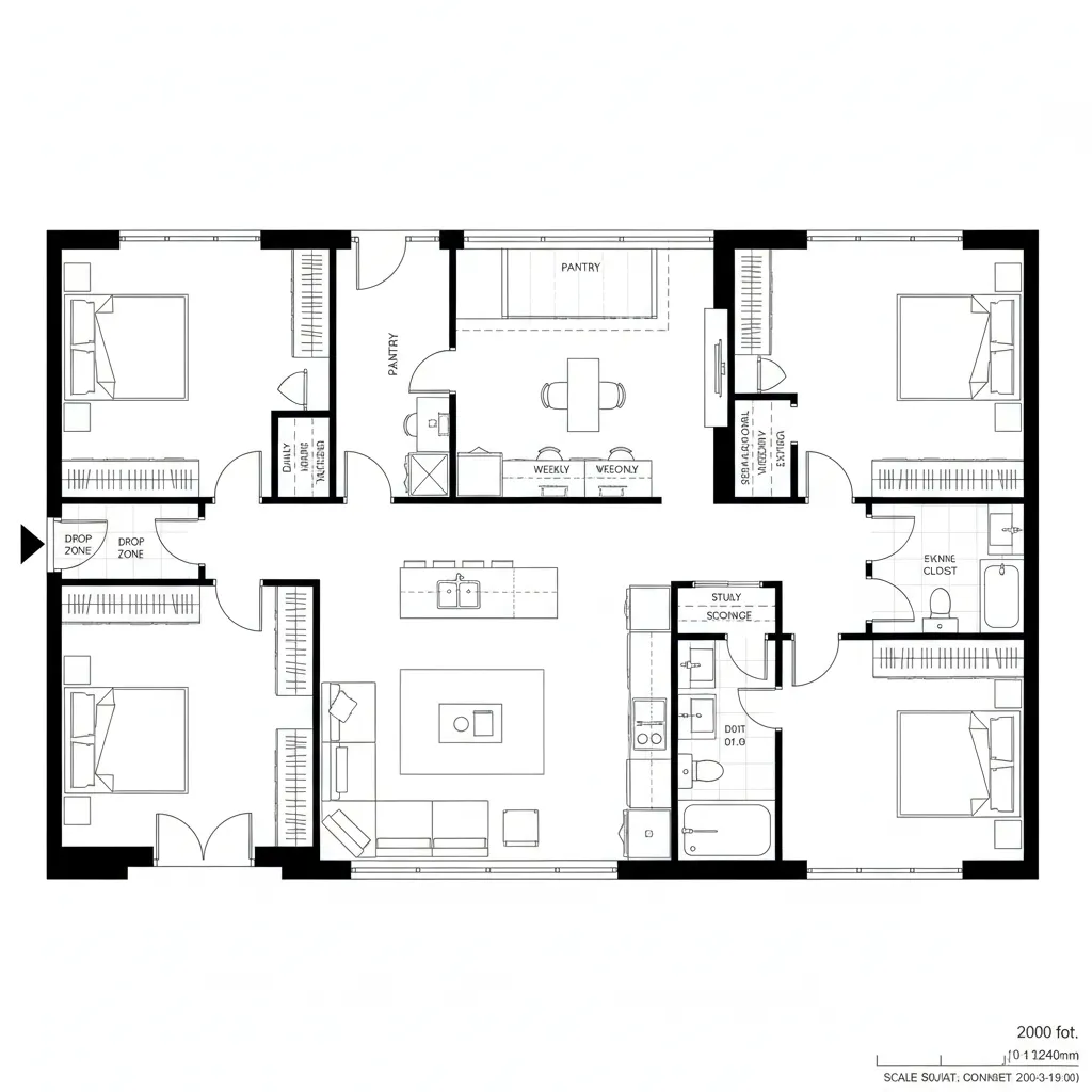 Black and white floor plan showing four bedrooms three bathrooms kitchen pantry and large living area