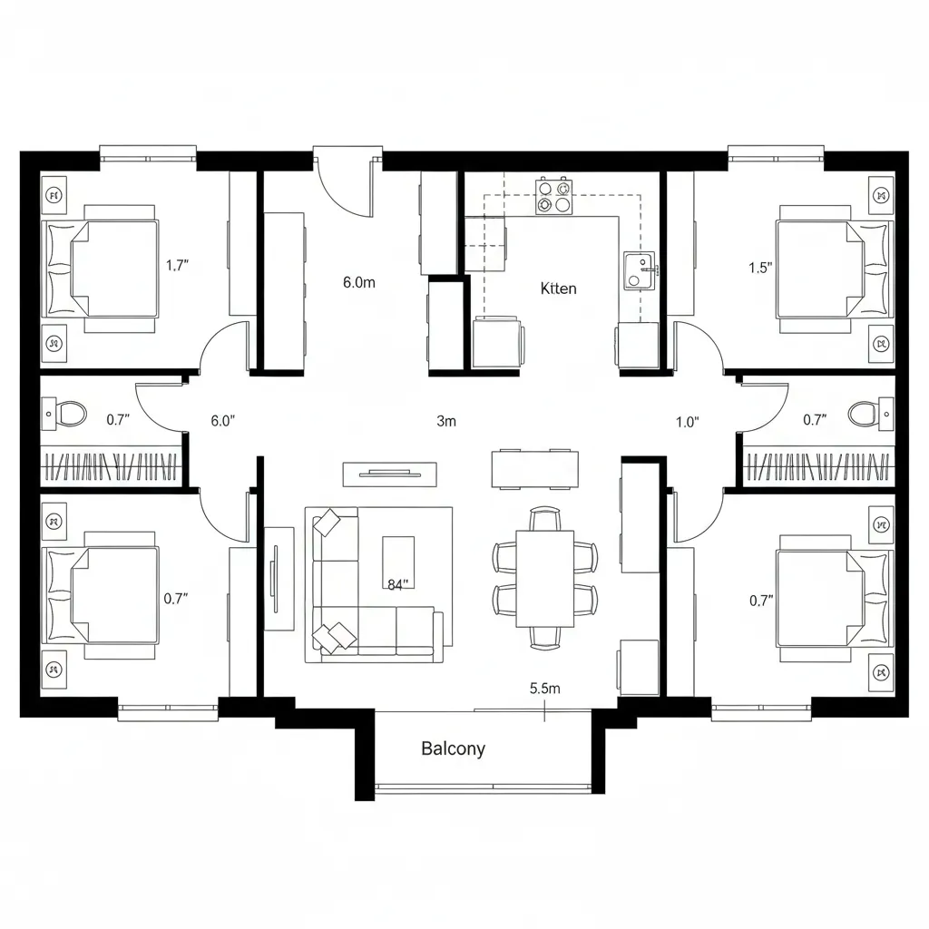 Top-down 2D CAD plan showing split bedrooms off a living–dining gallery axis