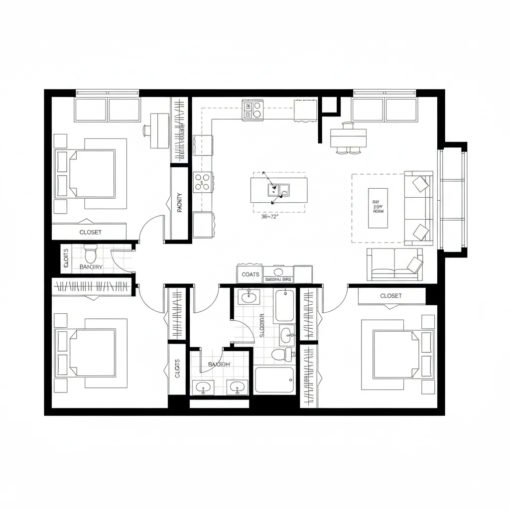 Top-down CAD plan with central gallery and pocket flex room