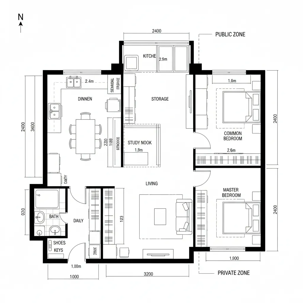 Floor plan drawing with two bedrooms living area dining room kitchen bathroom and storage space layout