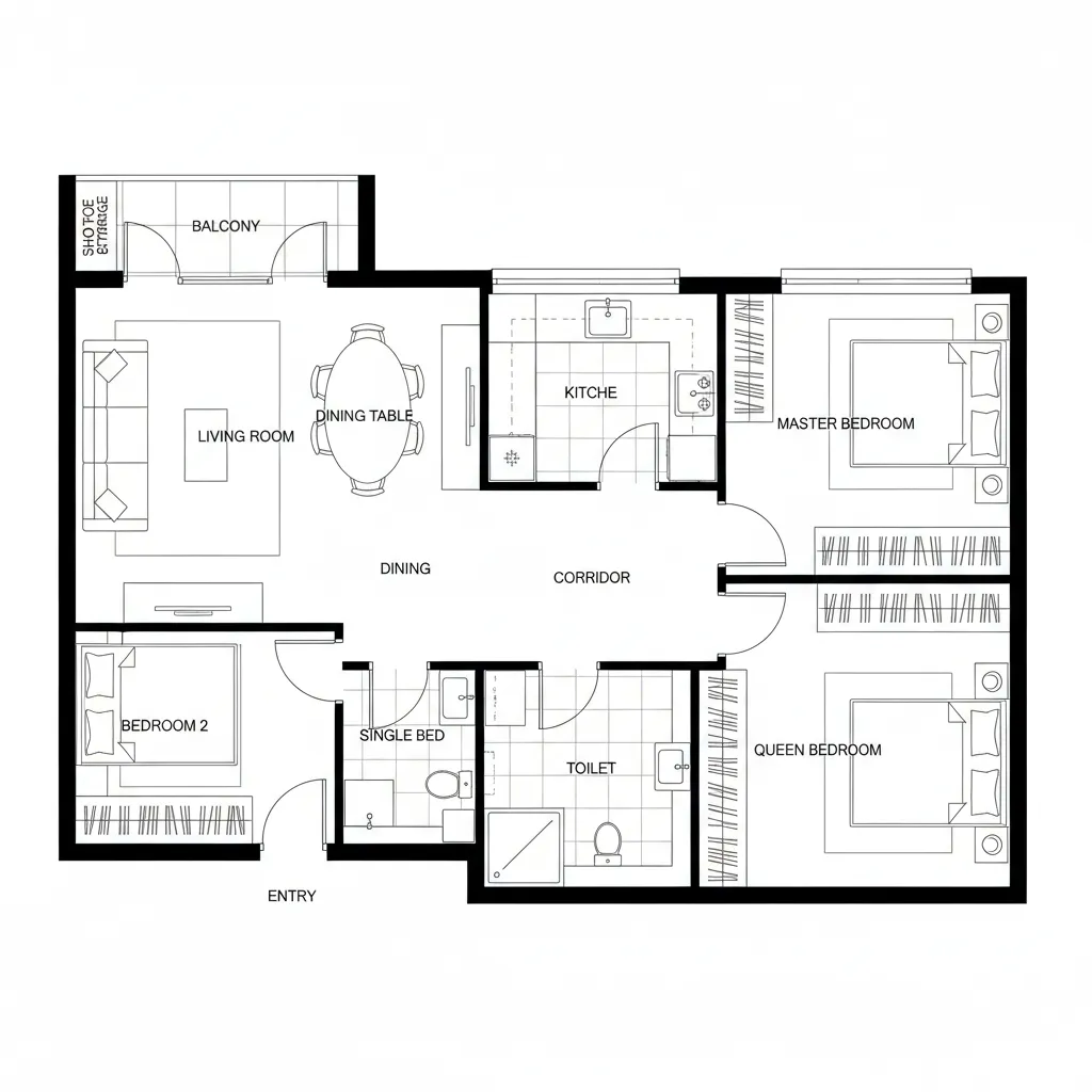 Top-down CAD floor plan with central corridor spine separating public and private zones