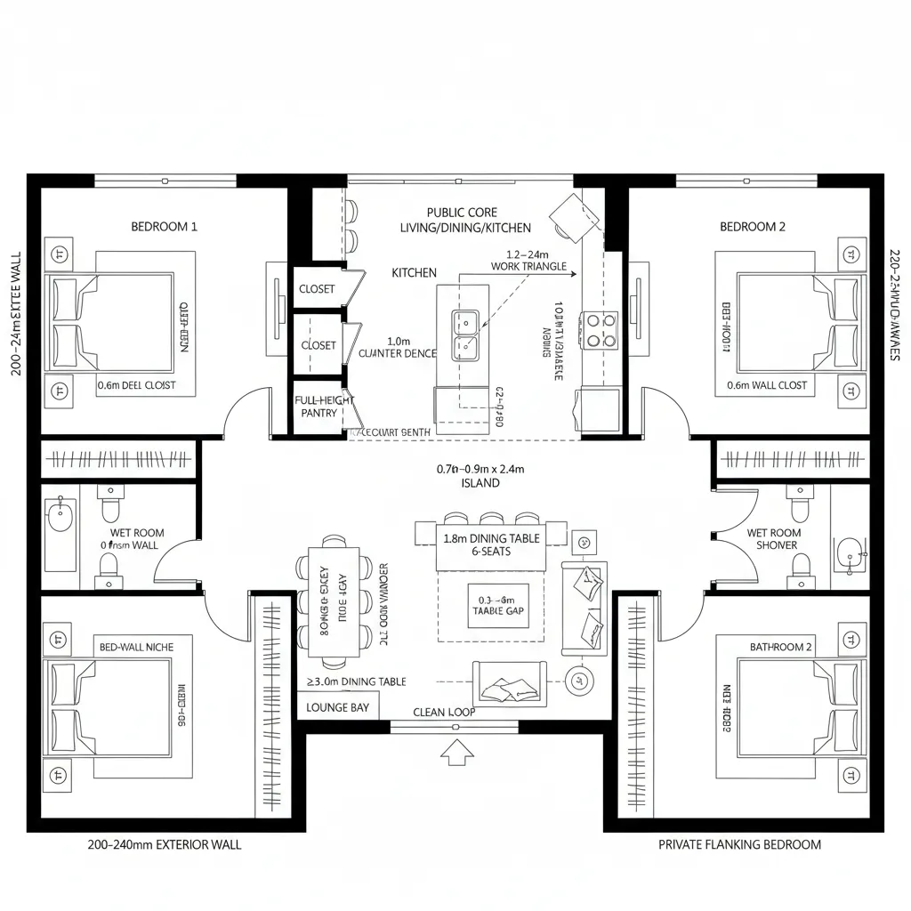 Top-down 2D plan of a split-core great room with flanking bedrooms and clear circulation loop