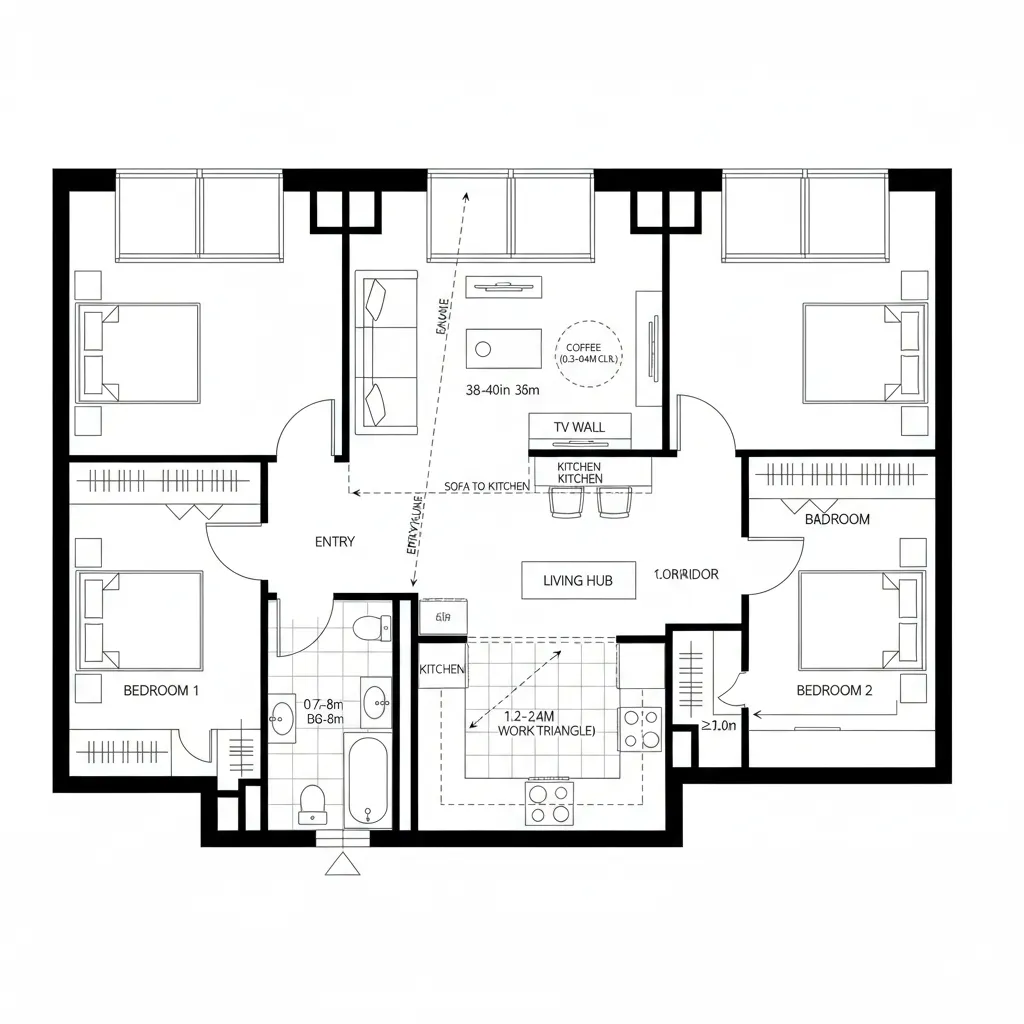 Floor plan showing four bedrooms plus a central living room and kitchen with furniture layout