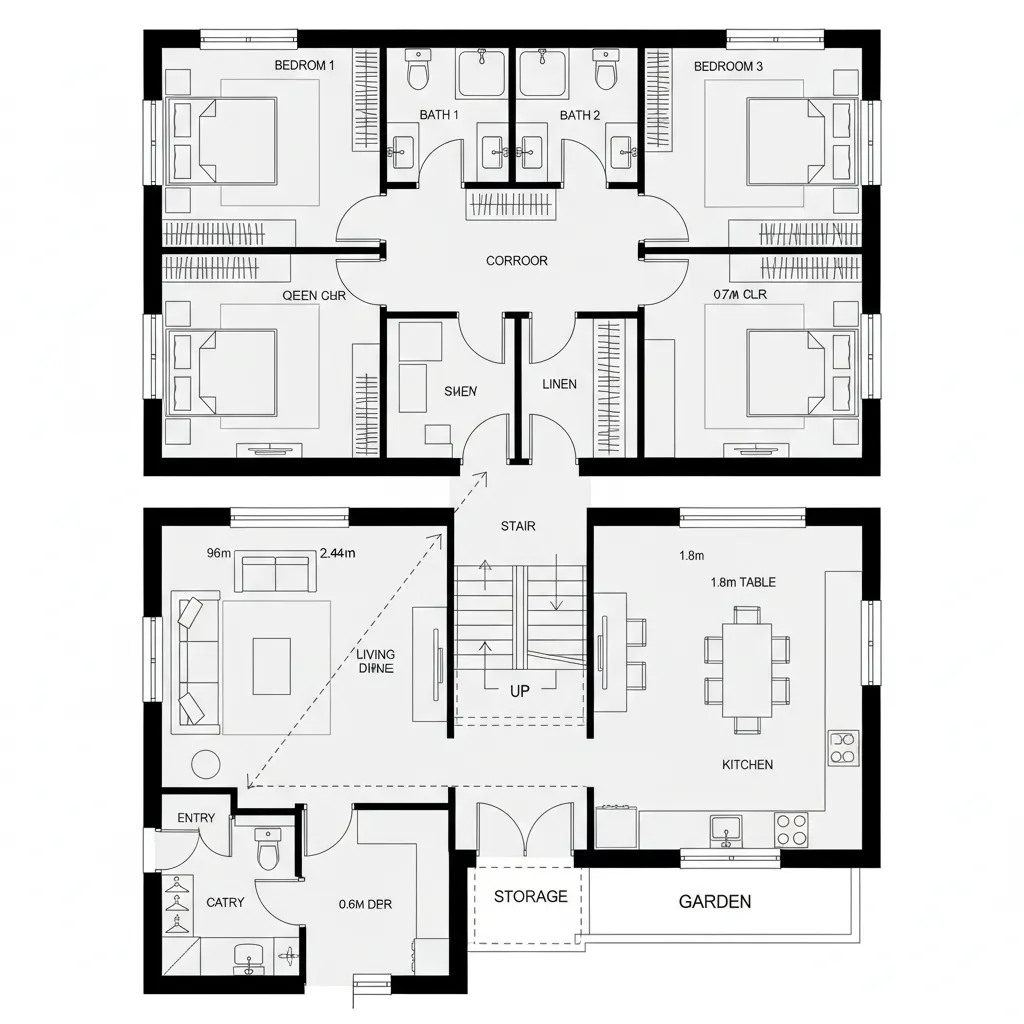 Detailed 2D floor plan showing four bedrooms upstairs and open living room with kitchen area